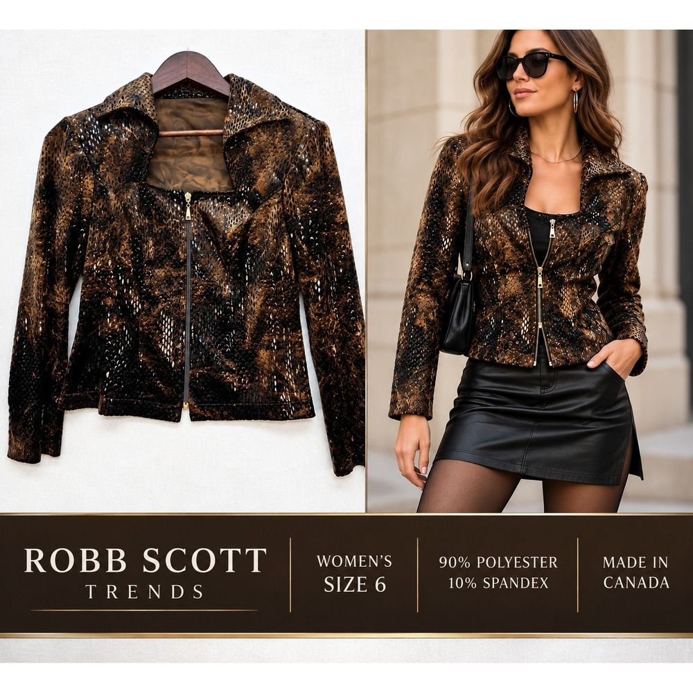 Vintage 90s Joseph Ribkoff Snakeskin Print Jacket Full Zip Blazer Brown US6